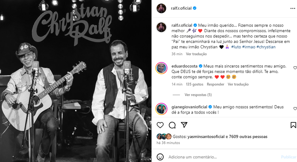 Ralf, irmão e ex-dupla de Chrystian, lamenta morte — Foto: Reprodução/Instagram