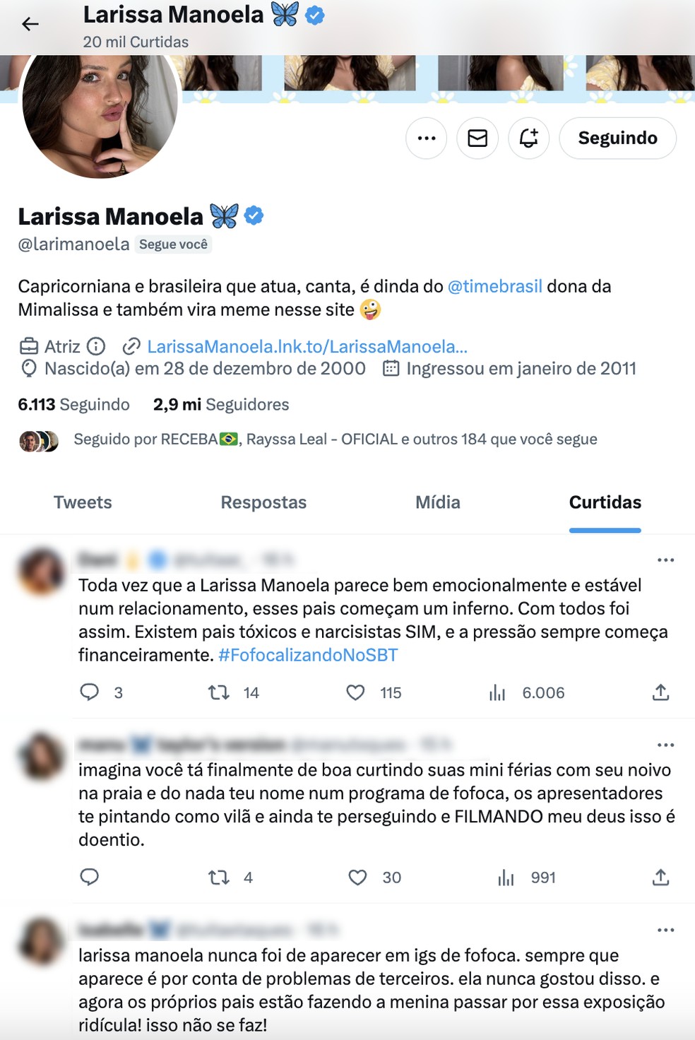 Larissa Manoela curte posts que falam sobre a sua polêmica com os pais — Foto: Reprodução / Twitter