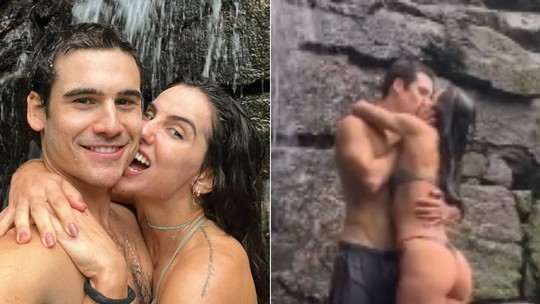 Nicolas Prattes ganha mordidinha da namorada em dia de cachoeira: "Que delícia"