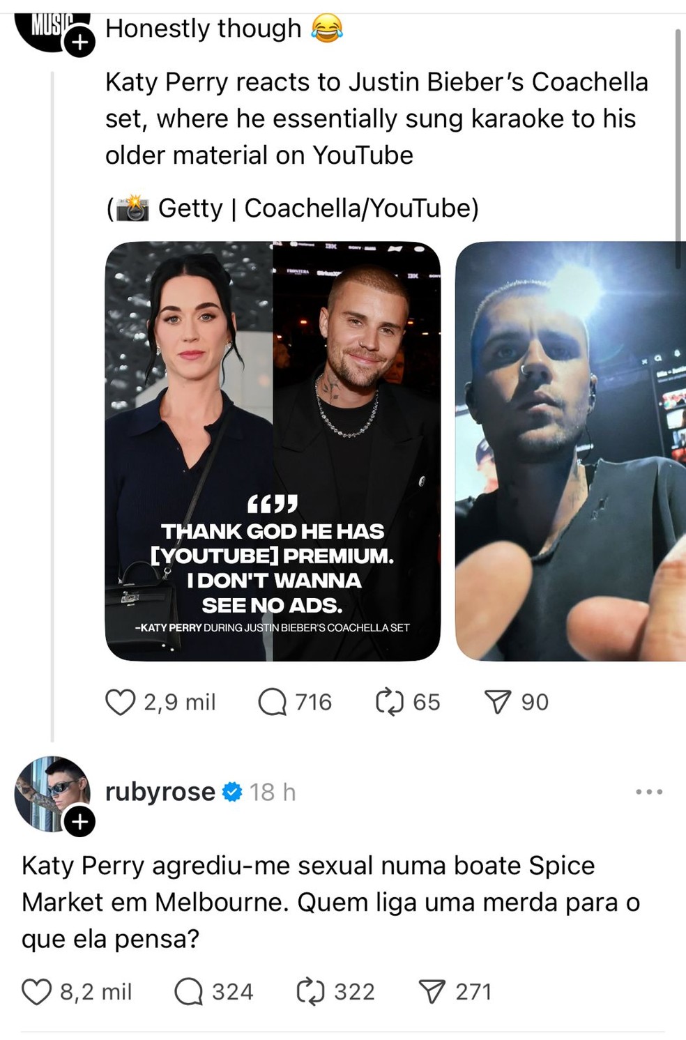 Coment&aacute;rio de Ruby Rose em post sobre Justin Bieber &mdash; Foto: Reprodu&ccedil;&atilde;o/Threads