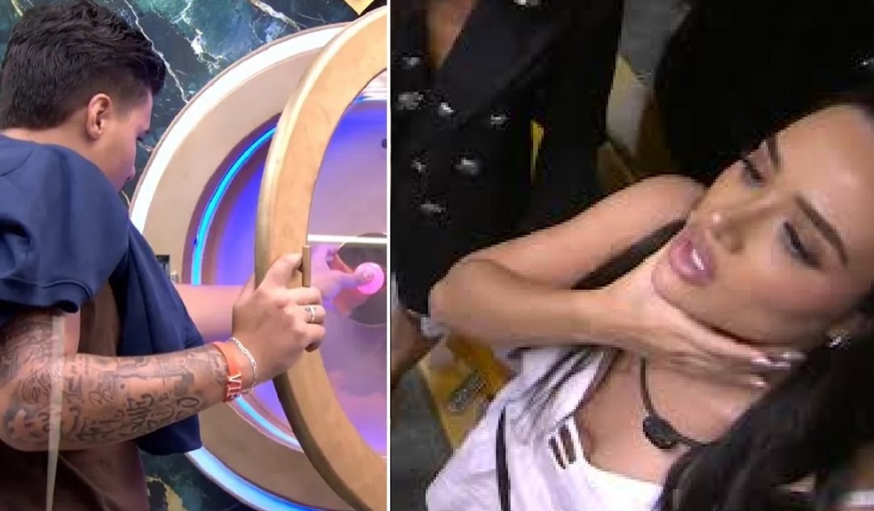 Pedro aperta botão da desistência após Jordana relatar que ele tentou beijá-la sem consentimento no BBB 26 — Foto: Reprodução/TV Globo