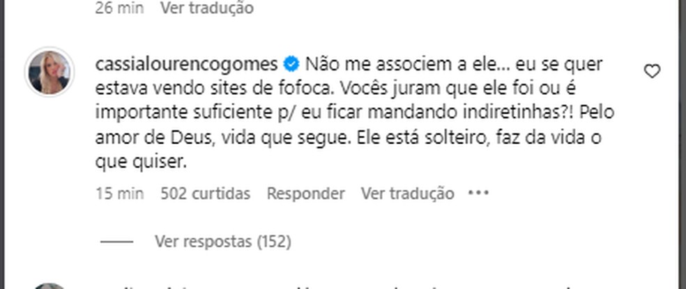 C&aacute;ssia Louren&ccedil;o confirma t&eacute;rmino &mdash; Foto: Reprodu&ccedil;&atilde;o/Instagram