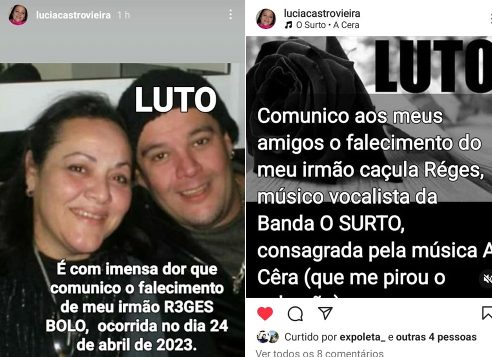 Lúcia Castro Vieira, irmã de Reges Bolo, lamenta morte do cantor — Foto: Reprodução Instagram