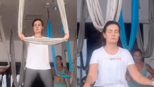 Fátima Bernardes exibe flexibilidade e concentração em prática de 'aero yoga'