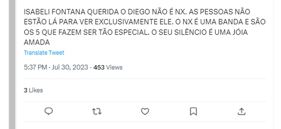 Isabeli Fontana é criticada nas redes sociais após comentário sobre NX Zero — Foto: Reprodução/Twitter 