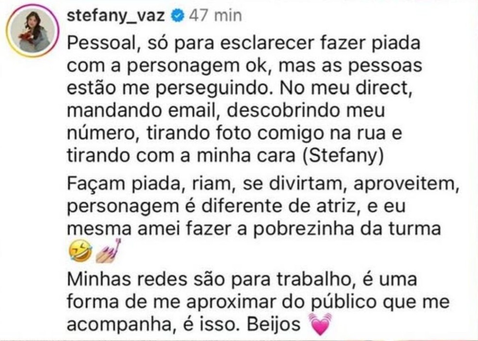 Stefany Vaz se pronuncia sobre memes da personagem Carmen do 'Carrossel' — Foto: Reprodução/ Instagram/ @rainhamatos