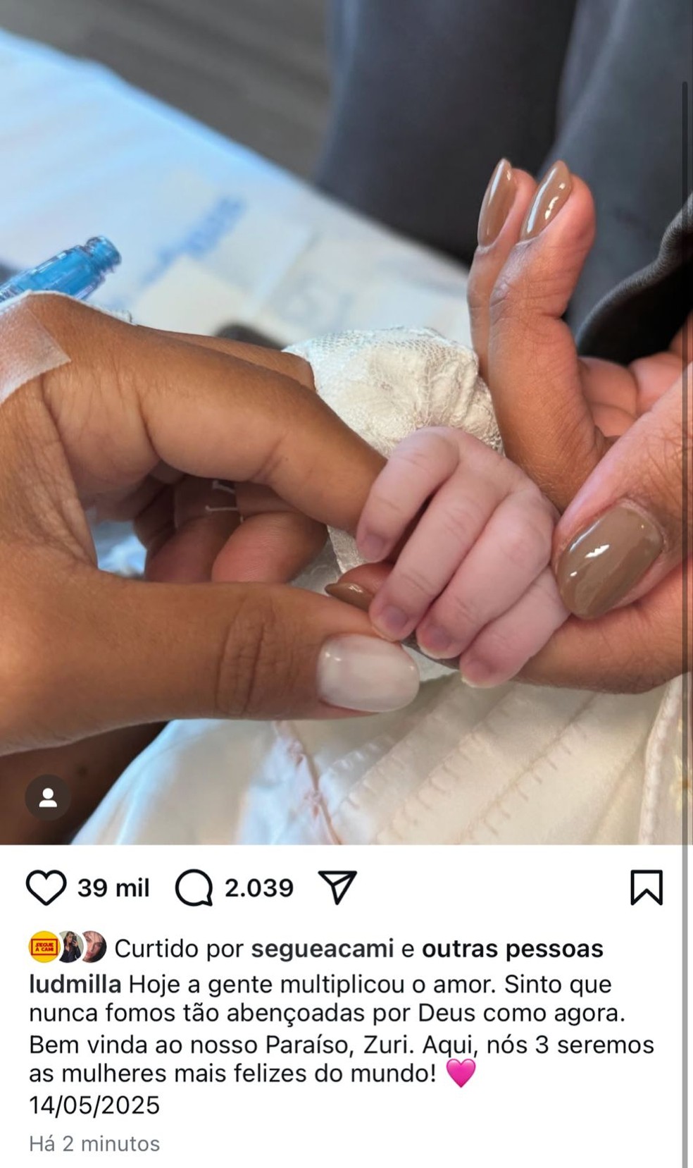 Nasce Zuri, primeira filha de Ludmilla e Brunna Gonçalves — Foto: Reprodução/Instagram