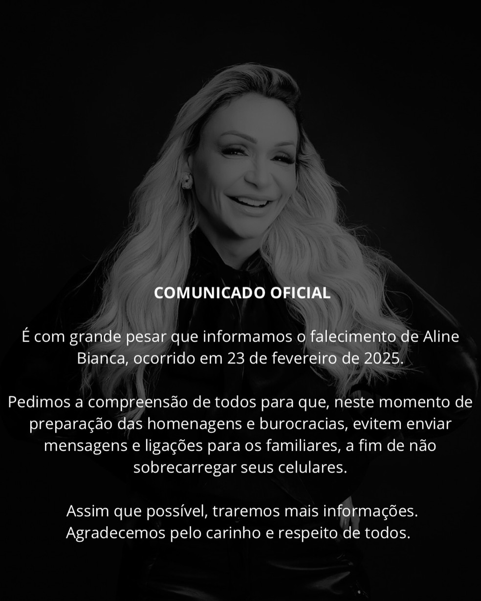 Confirmação da morte de Aline no Instagram de seu salão de beleza — Foto: Reprodução/Instagram