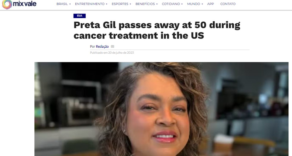 Mix Vale, dos EUA, repercute morre de Preta Gil — Foto: Reprodução