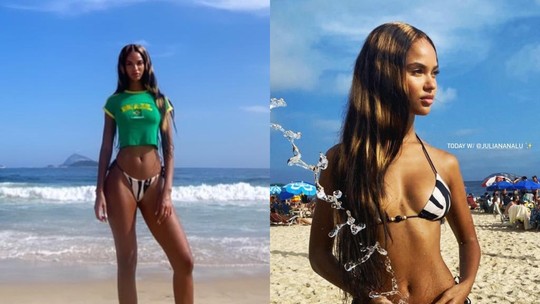 Juliana Nalu faz ensaio de biquíni em praia do Rio de Janeiro