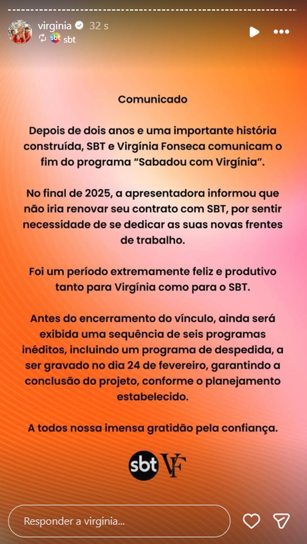 Fim do programa da Virginia — Foto: Reprodução/Instagram