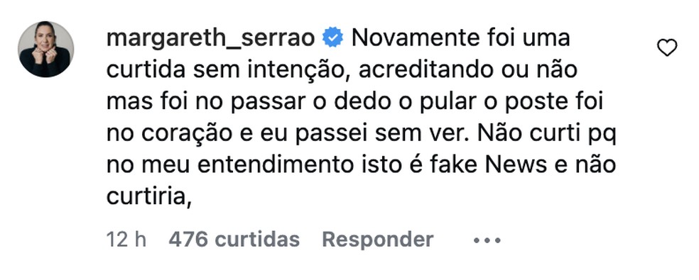 Comentário de Margareth Serrão — Foto: Reprodução/Instagram