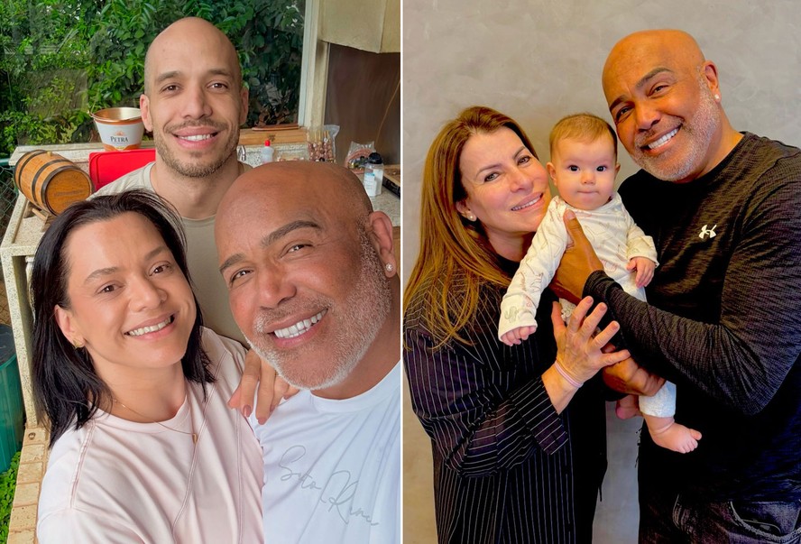 Rick com os filhos (à esquerda) e com a esposa e uma das netas (à direita)