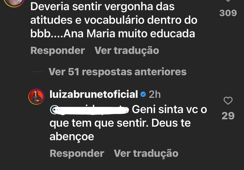 Luiza Brunet responde seguidores nas redes sociais — Foto: Reprodução/Instagram