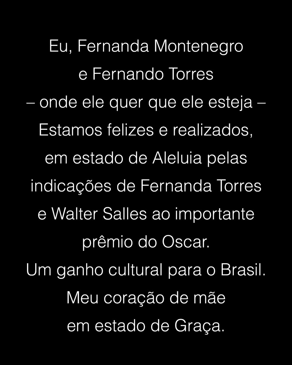 Postagem de Fernanda Montenegro — Foto: Reprodução/Instagram