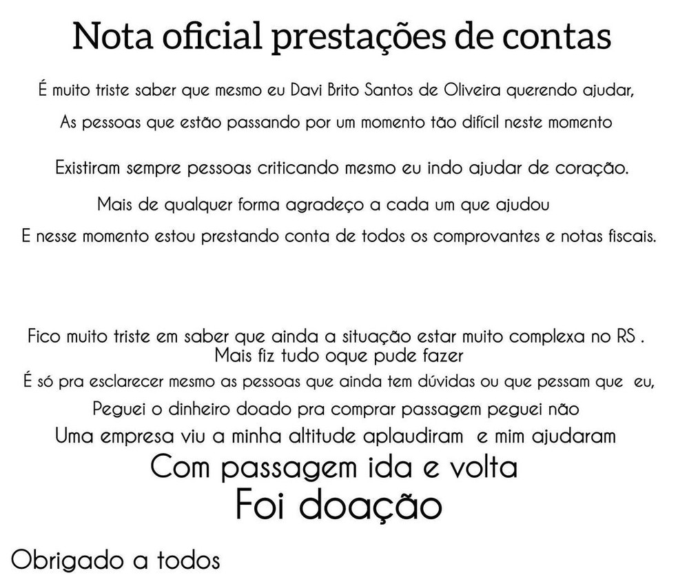 Davi Brito prestou contas após polêmica — Foto: Reprodução/Instagram