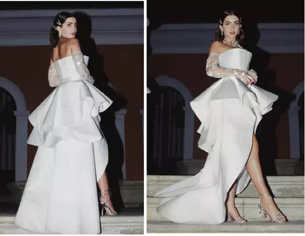 Jade Picon com o vestido de noiva de Chiara na novela 'Travessia' (Globo, 2022) — Foto: Reprodução/Instagram