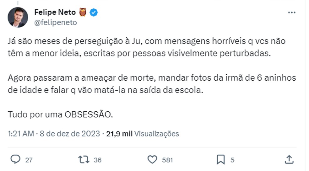 Felipe Neto volta a denunciar ameaças de morte à sua família — Foto: X/Twitter