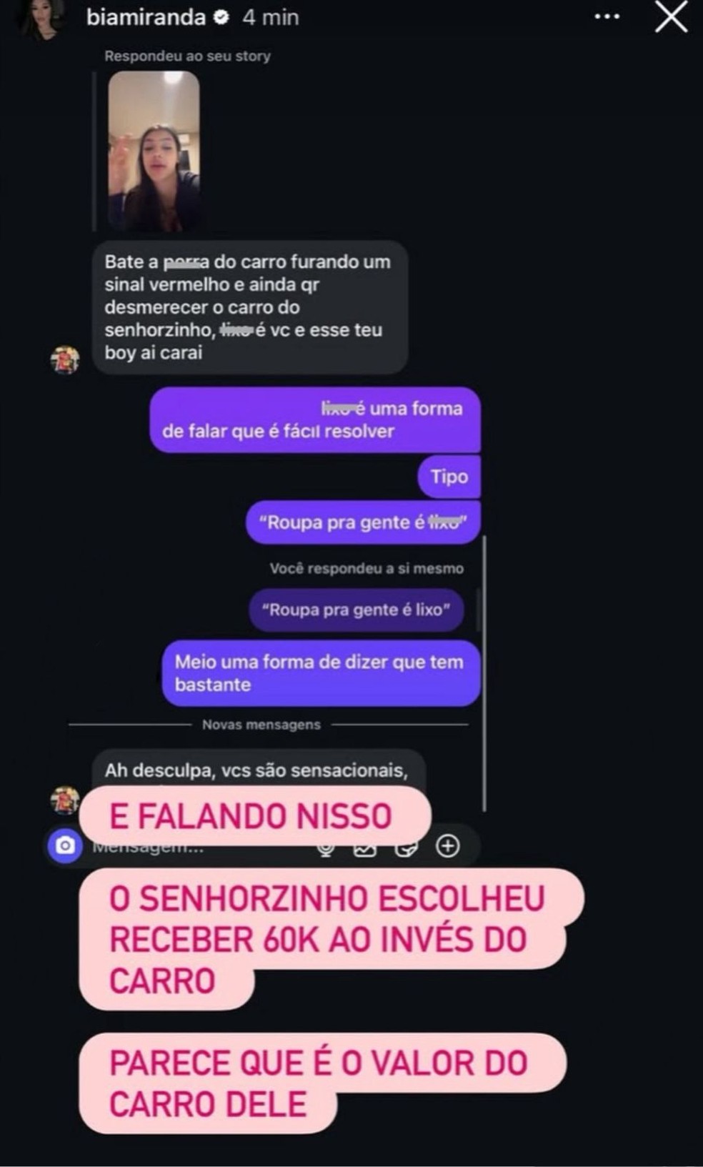 Bia Miranda explica uso do termo &ldquo;lixo&rdquo; ap&oacute;s acidente de tr&acirc;nsito e diz que v&iacute;tima optou por receber dinheiro &mdash; Foto: Reprodu&ccedil;&atilde;o/Instagram