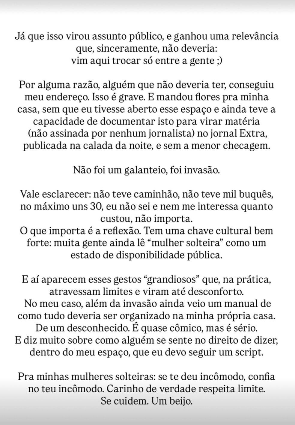 Paolla Oliveira fala sobre flores que recebeu de estranho — Foto: Reprodução/Instagram