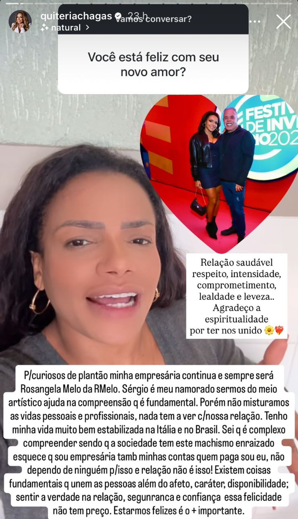 Quitéria Chagas rebate rumores de ser bancada por namorado empresário