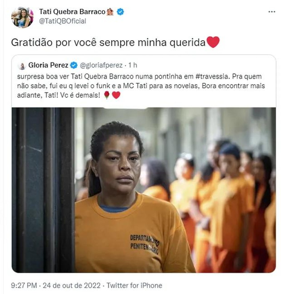 Gloria Perez elogia Tati Quebra Barraco por trabalho em Travessia (Foto: Reprodução/Twitter) — Foto: Quem