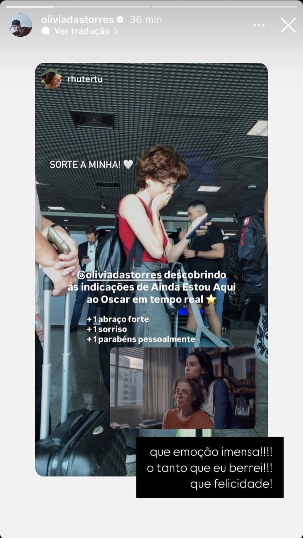 Olivia Torres celebra indicações ao Oscar 2025 com 'Ainda Estou Aqui' — Foto: Reprodução/Instagram