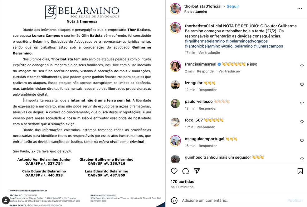 Thor Batista ficou bravo com comentário da web e decidiu abrir processo — Foto: Reprodução/Instagram