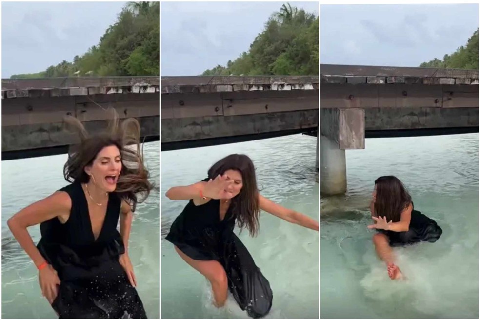 Isabella Fiorentino leva tombo no mar ao cair de ponte nas Maldivas — Foto: Reprodução/Instagram