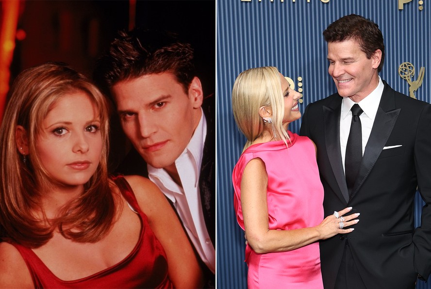 Sarah Michelle Gellar e David Boreanaz na época de Buffy (1997-2003) e no Emmy 2026