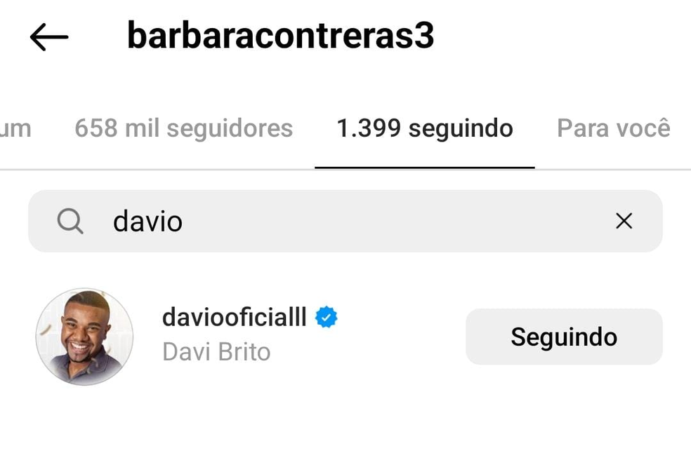 Bárbara Contreras segue Davi, do BBB 24, no Instagram — Foto: Reprodução/Instagram