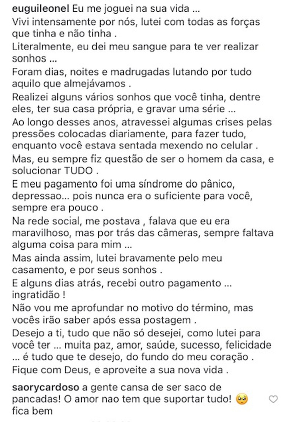 Saory Cardoso reage a post de Guilherme Leonel &mdash; Foto: Reprodu&ccedil;&atilde;o/Instagram