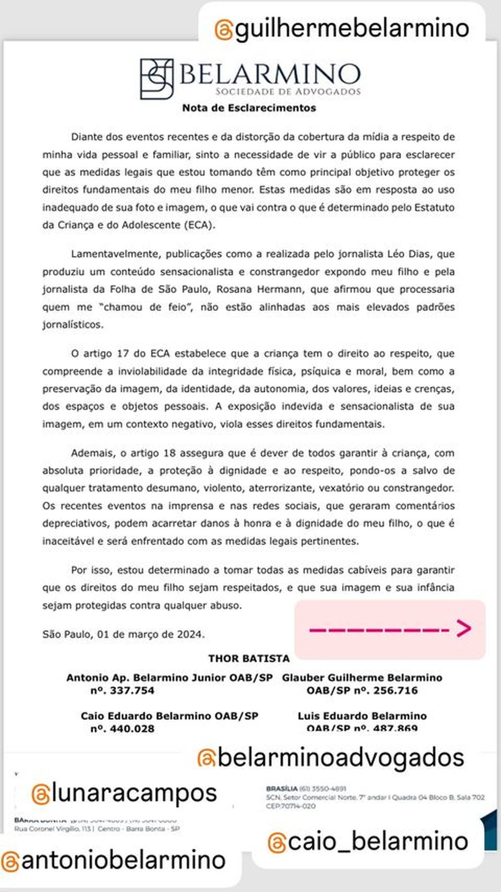 Thor Batista nega ter entrado na justiça por ter sido chamado de feio e se explica — Foto: reprodução/instagram