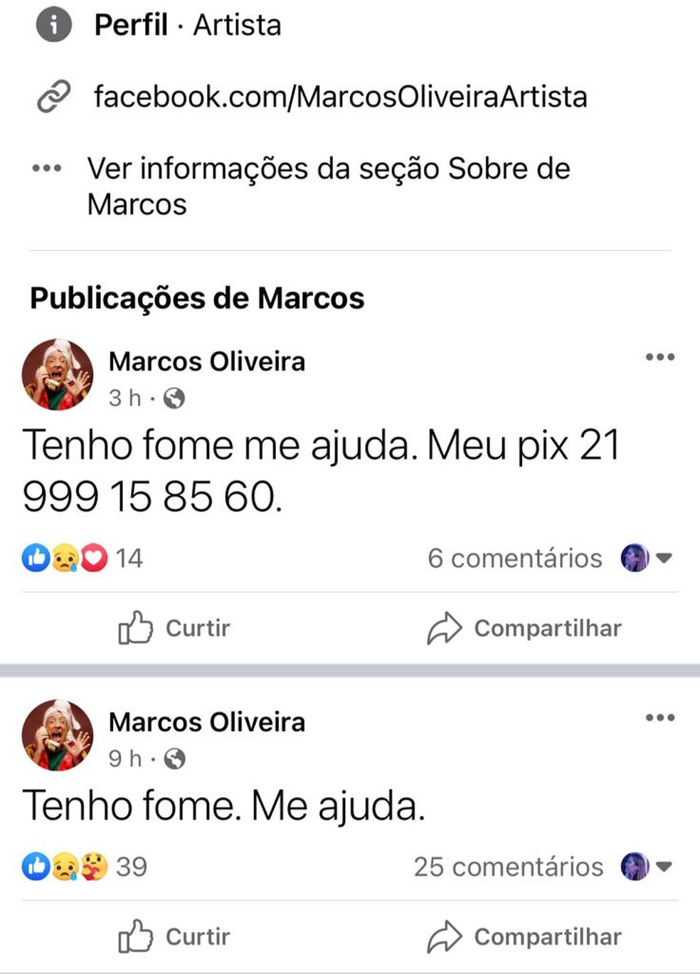 Marcos Oliveira pede ajuda financeira no Facebook — Foto: Reprodução/Facebook