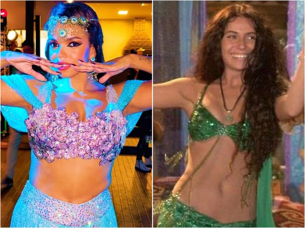 Jeniffer Nascimento se inspirou na personagem Jade, vivida por Giovanna Antonelli em 'O Clone' (Globo, 2001) — Foto: Reprodução/Instagram e TV Globo
