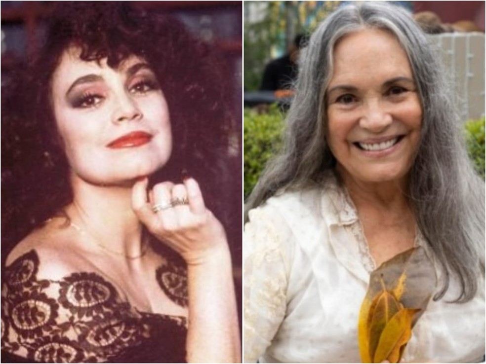 Regina Duarte como Viúva Porcina em 'Roque Santeiro' (Globo, 1985) e com visual atual — Foto: Divulgação/TV Globo