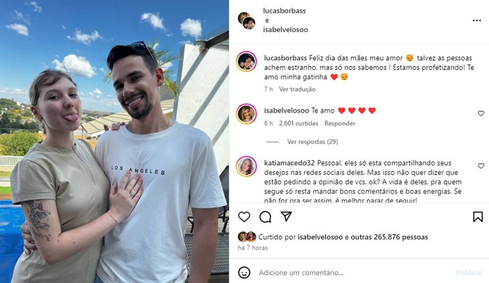 Lucas Borbas fez post falando de sonho de gravidez de Isabel Veloso, influencer com câncer terminal — Foto: Reprodução/Instagram