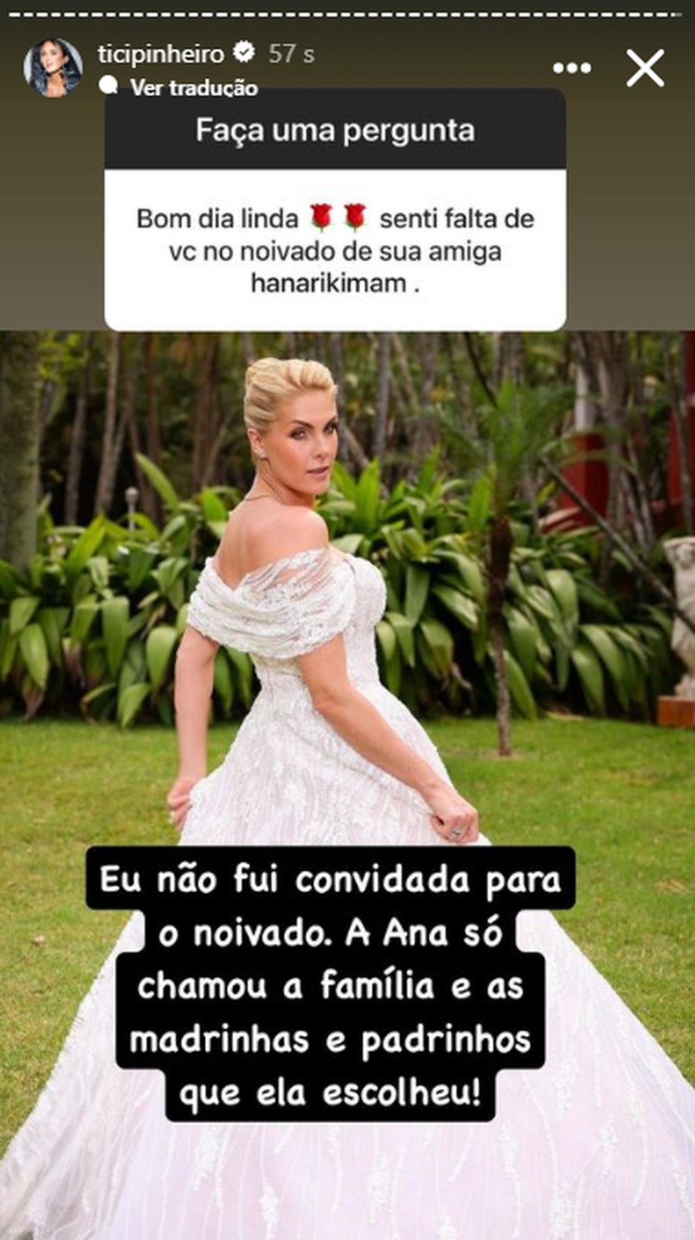 Ticiane Pinheiro comenta não ter sido convidada para o noivado de Anna Hickmann — Foto: Reprodução/Instagram