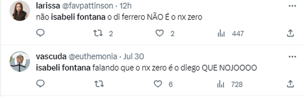 Isabeli Fontana é criticada nas redes sociais após comentário sobre NX Zero — Foto: Reprodução/Twitter 