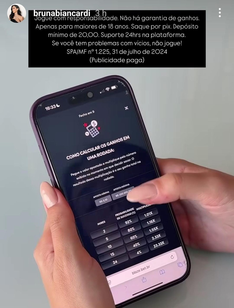 Bruna Biancardi divulga publi de jogo online, mas com alerta de jogo responsável em meio à CPI das Bets — Foto: Reprodução/Instagram