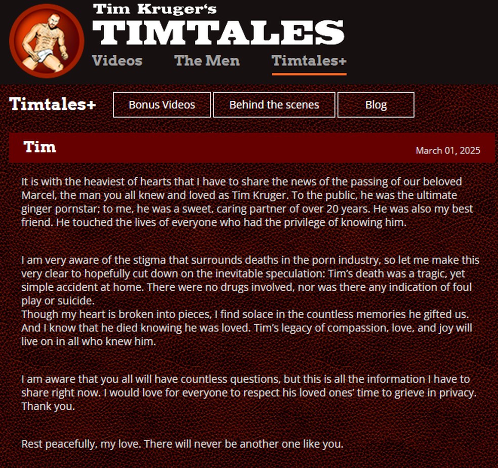 Anúncio da morte de Tim Kruger no site da sua produtora — Foto: Reprodução