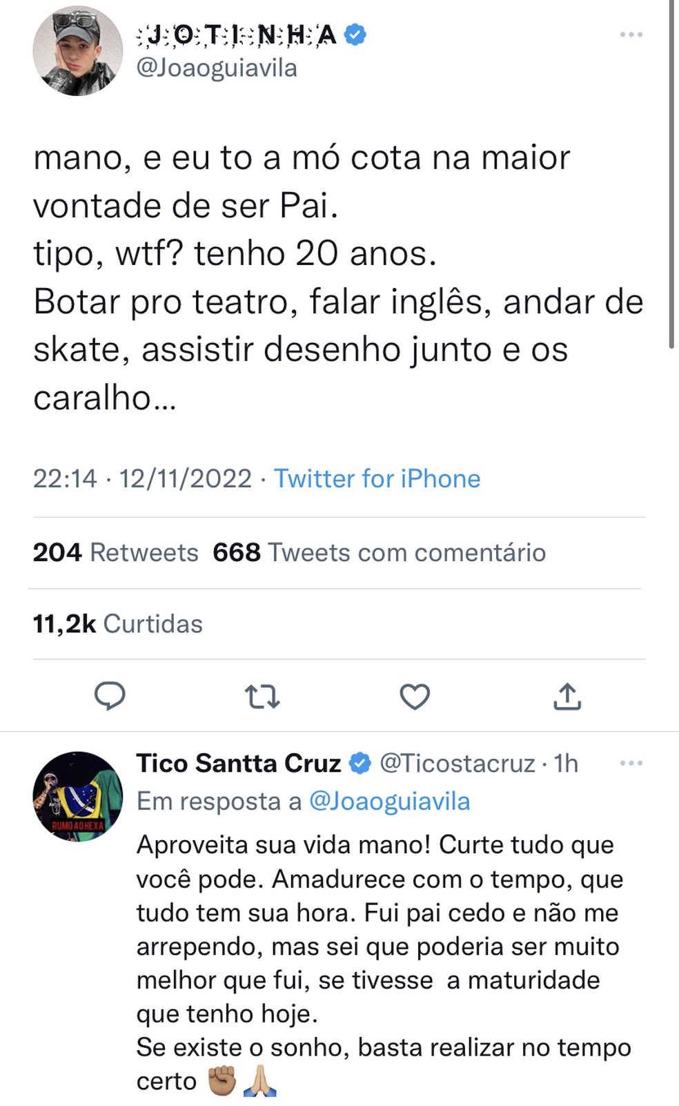 Tico Santa Cruz orientou João Guilherme em postagem de paternidade — Foto: Reprodução / Twitter