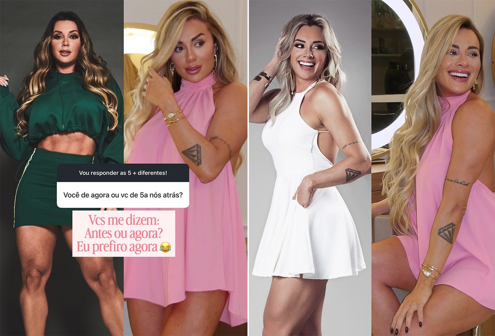 Juju Salimeni em 2021 e em 2026, e em 2016 e em 2026 — Foto: Reprodução/Instagram