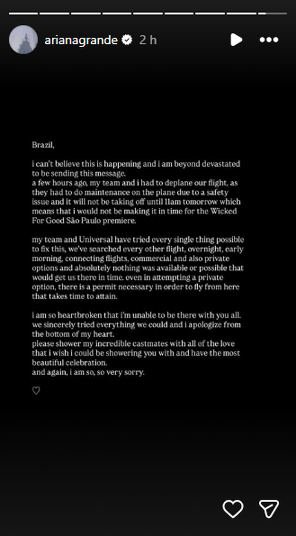 Ariana Grande cancela vinda ao Brasil para premiere de Wicked: For Good