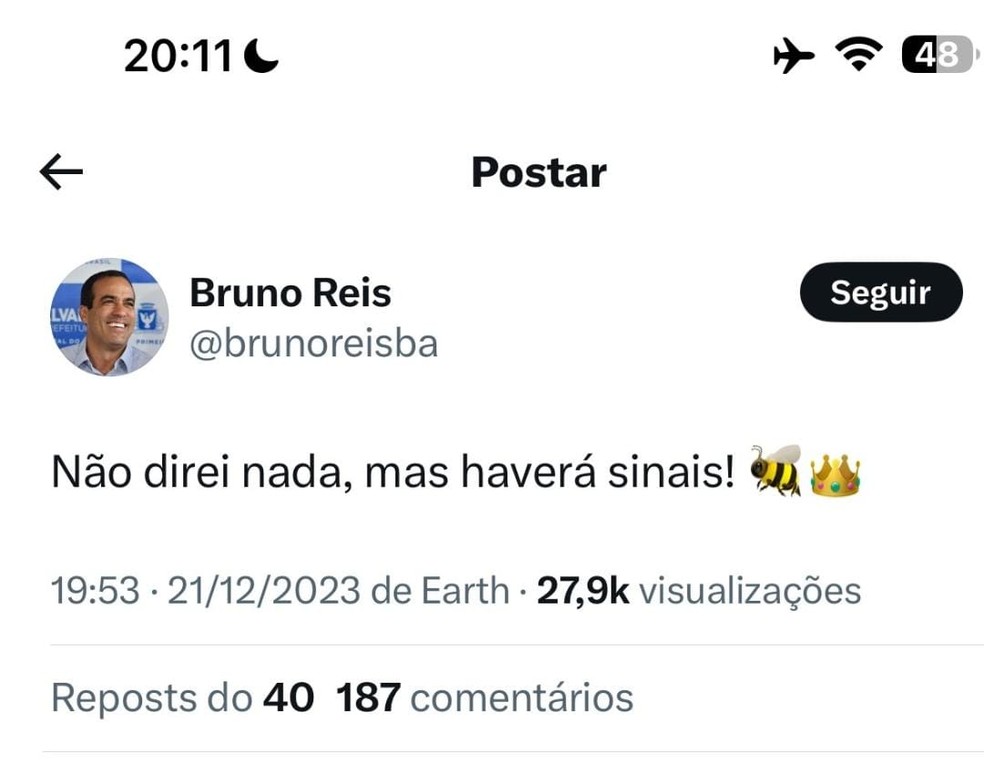 Post do prefeito de Salvador — Foto: Reprodução do Instagram
