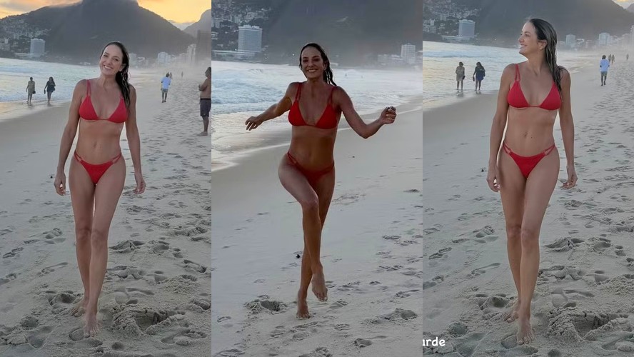 Ticiane Pinheiro vira 'Garota de Ipanema' e posa de biquíni na praia