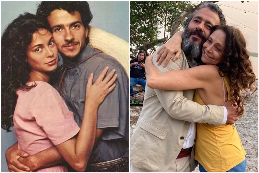Marcos Palmeira e Giovanna Gold formaram par na versão original de Pantanal, em 1990, e celebraram reencontro em 2022 — Foto: Reprodução/Arquivo pessoal