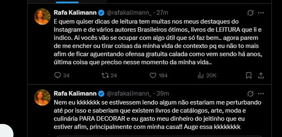 Rafa Kalimann rebate cr&iacute;ticas &mdash; Foto: Reprodu&ccedil;&atilde;o/X