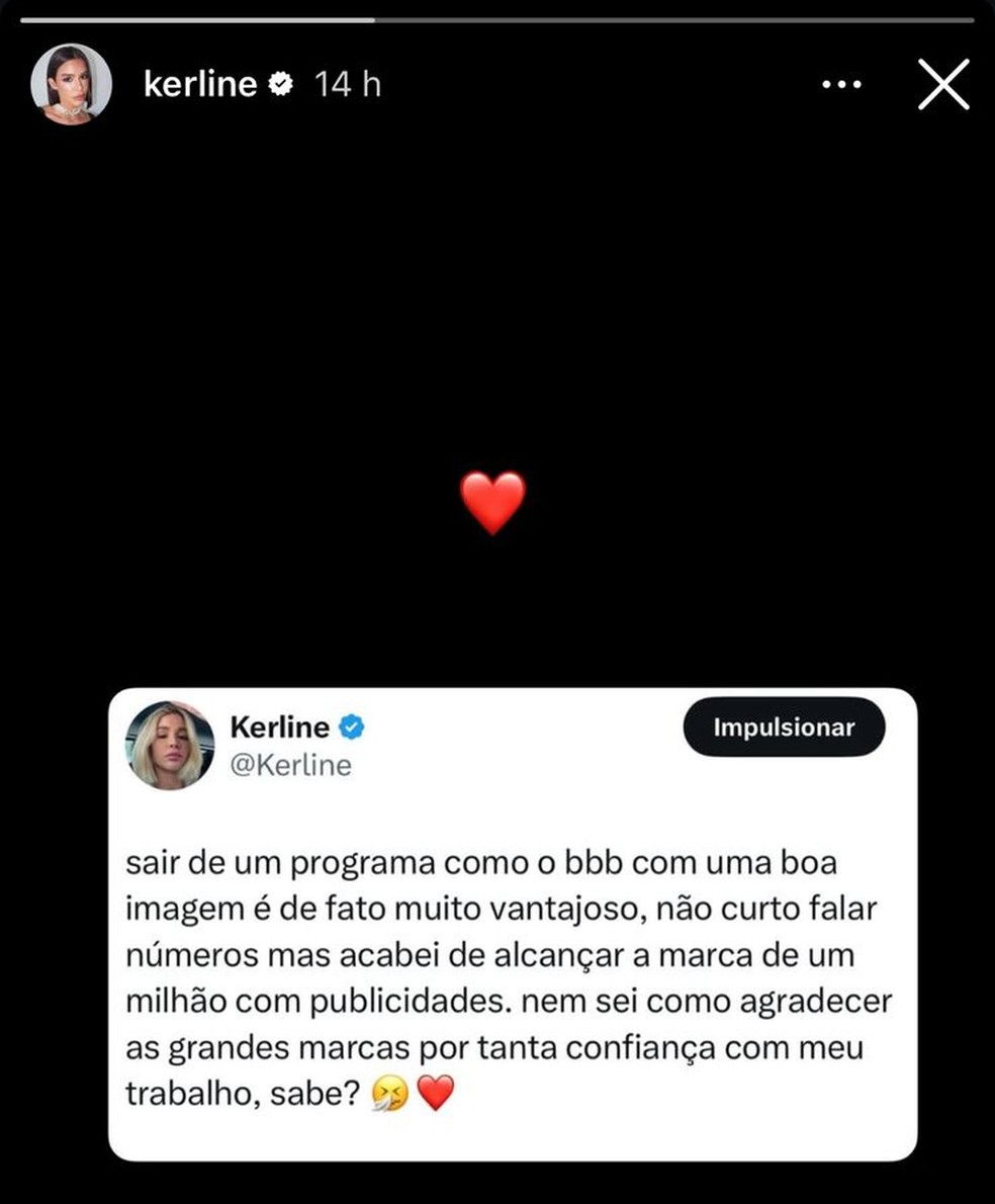 Kerline conquista o valor do prêmio do BBB 21 em publicidade — Foto: Reprodução/Instagram