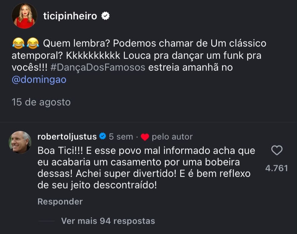 Comentário de Roberto Justus em publicação de Ticiane Pinheiro — Foto: Reprodução | Instagram